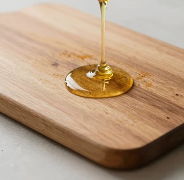 Artisan crafting a wooden cutting board, pouring vibrant blue epoxy resin into natural wood crevices