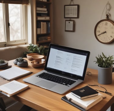 A cozy workspace with a laptop open to a blog post, surrounded by notes and a cup of coffee.