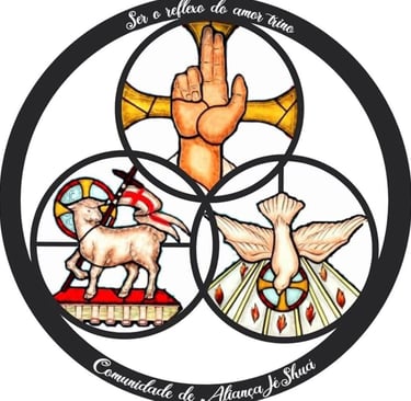 a stained glass window with a cross and a hand holding a cross