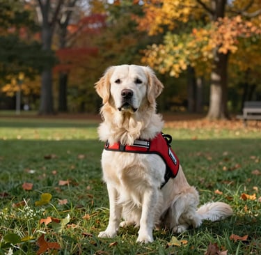 A beautiful wide photograph of a golden retriever wearing a professional red service dog vest, sitting in a sunlit Indiana park with North American autumn foliage in the background, off-white and forest green atmosphere.
