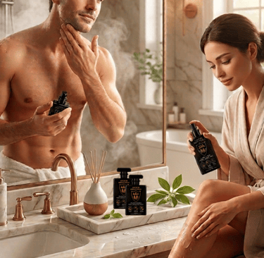alt="Using Angkor Shield Spray as a soothing aftershave for face and legs"