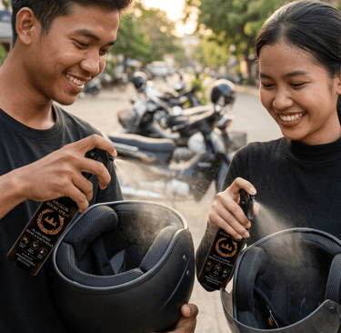 alt="Using Angkor Room Spray as a helmet freshener to clear out sweat odors"