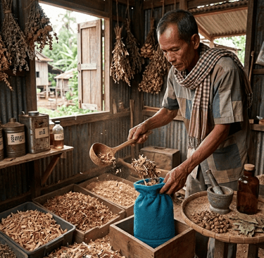 alt="A local artisan carefully crafting our 100% local scent bags with high-quality wood shards."