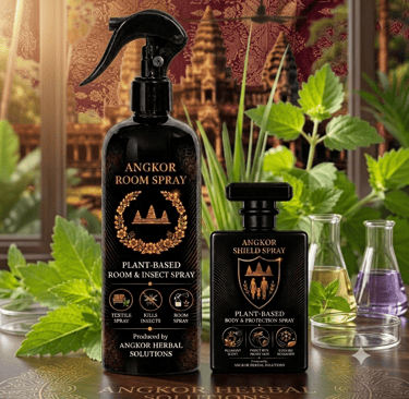 alt="Angkor plant-based sprays displayed alongside natural herbal ingredients"