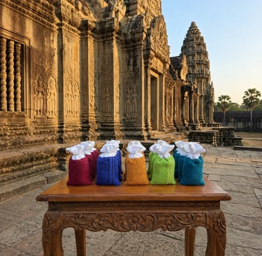 alt="A row of handmade herbal scent bags displayed in five different vibrant colors"