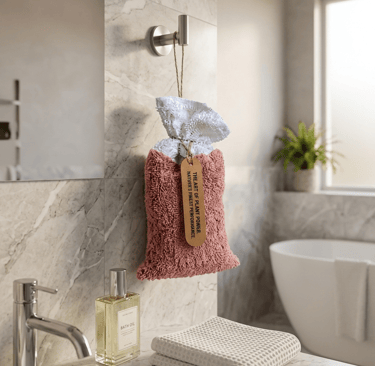 alt="Hanging a customizable herbal scent bag to refresh a bathroom"