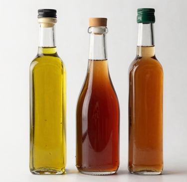 Elegant bottles of Spanish olive oil and aged vinegar displayed with subtle gold accents.