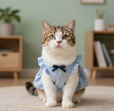 Un gato Ragdoll esponjoso de pelo largo y ojos azules que lleva un suéter azul turquesa para mascota