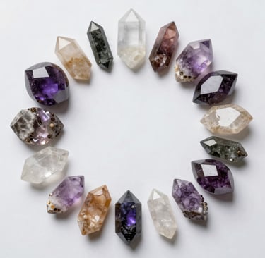 A collection of healing crystals and essential oils arranged artfully on a wooden table, ready for use.