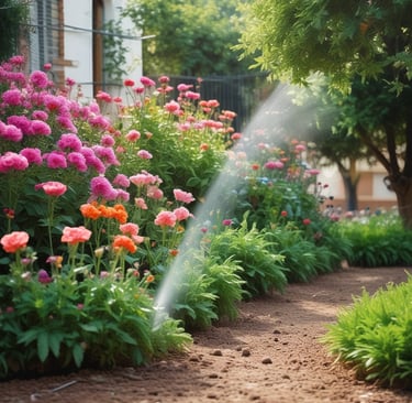 Technician adjusting irrigation controls beside a thriving garden.