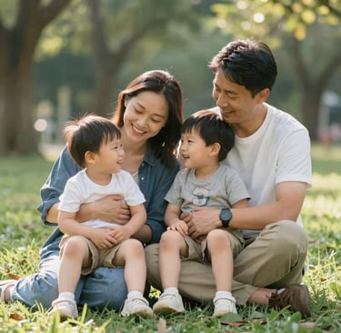 A happy Asian family with two young sons sitting on the grass in a sunny park.