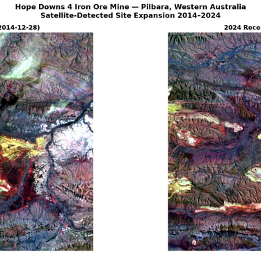 Side-by-side satellite comparison of Hope Downs 4 in 2014 and 2024 showing visible mine expansion