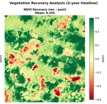 Three-panel vegetation recovery analysis showing loss, regrowth, and recovery ratio after fire.