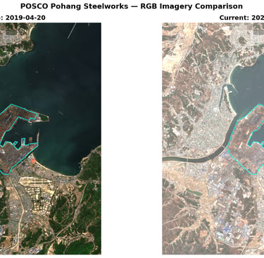Side-by-side satellite views of POSCO Pohang steelworks in 2019 and 2025 with facility boundary