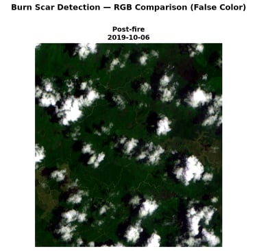 Three satellite images of the same area in Riau showing vegetation before fire and after fire