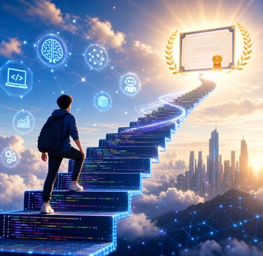 A student climbs a digital staircase of code toward an AI certification against a futuristic city skyline.