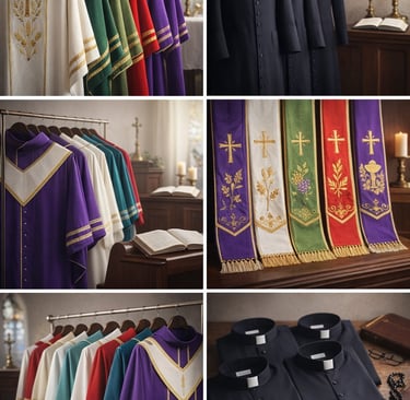 Collection of liturgical vestments and priest chasubles with embroidered stoles for church services