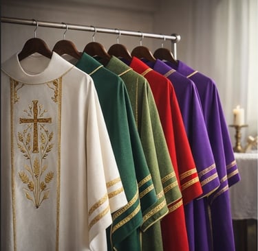 Various colors of clergy clothing including church stoles and priest robes