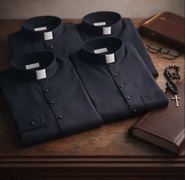 Black short sleeve and long sleeve clergy shirts with tab collars for priests and ministers
