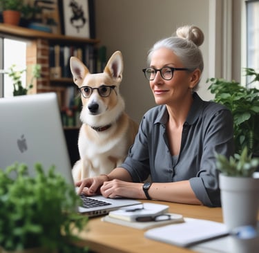 A cozy workspace with earthy-toned décor featuring a laptop, a small plant, and soft cream-colored light.