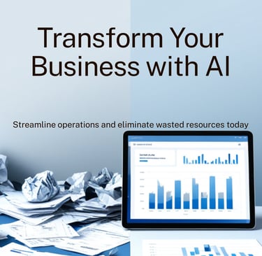 A split image showing a messy workspace versus an organized digital dashboard for AI business transformation.