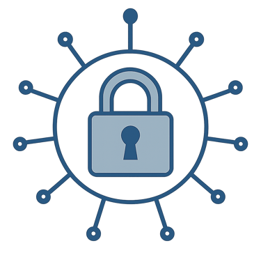 Illustration of a secure padlock at the center of a circular hub with digital connection lines, representing network security and data protection.