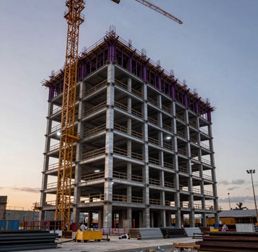 An active modern civil construction site in Mexico / Latin America during dusk. Heavy steel framework of a high-rise structure rising into the sky. Industrial spot lighting highlighting purple and silver steel beams, charcoal concrete pillars, clean site arrangement, high contrast commercial photography.