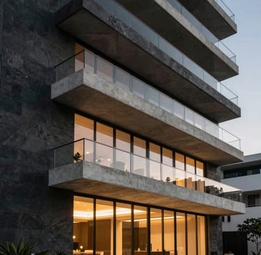 An impressive luxury residential building exterior designed with avant-garde architectural style in Mexico / Latin America. Clean lines, cantilevered concrete balconies, dark charcoal stone walls, and warm ambient interior lighting visible through floor-to-ceiling glass paneling.