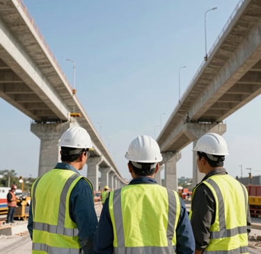 Civil engineers wearing safety helmets and reflective vests overlooking a large-scale infrastructure bridge construction project in Mexico / Latin America during daytime. Crisp sunlight, clear blue sky, geometric concrete structures, professional engineering photography.