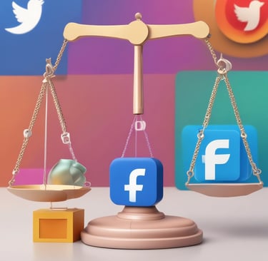 A professional lawyer consulting with a client about social media account recovery, with colorful social media icons in the background.