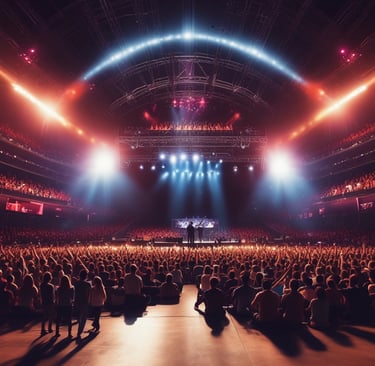 A vibrant crowd enjoying a sunset outdoor concert with colorful stage lights.