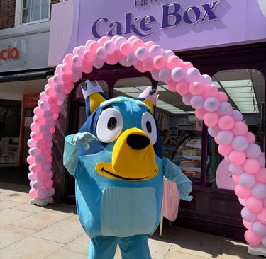 opening day for the cake box in shresbusy with our mascot 