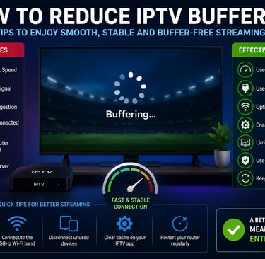 Infographic showing how to reduce IPTV buffering with tips for smooth, stable, and buffer-free streaming.