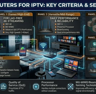 Infographic showing best routers for IPTV streaming, featuring high-end gaming, mesh, and mid-range WiFi 6 models.