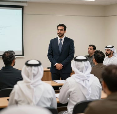A professional corporate training session in a modern UAE office with attentive participants and a presenter using digital tools.