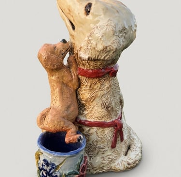 Hand-sculpted ceramic Golden Retriever artist sculpture in warm honey glazes.