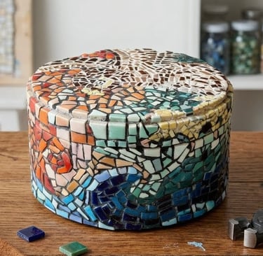 Cylindrical mosaic vessel featuring hand placed ceramic fragments in earthy tones.