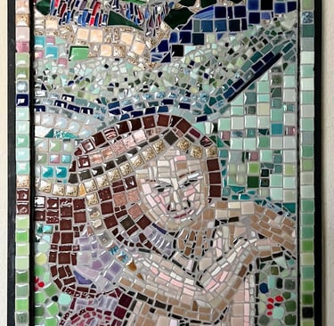 Abstract mosaic featuring a rhytmic assembly of cool-toned fragments in a meditative pattern.