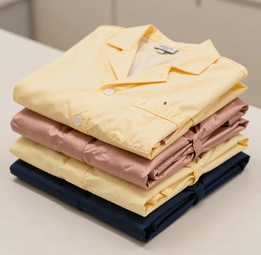 Close-up of a neatly folded surgical scrub top on a clean surface.