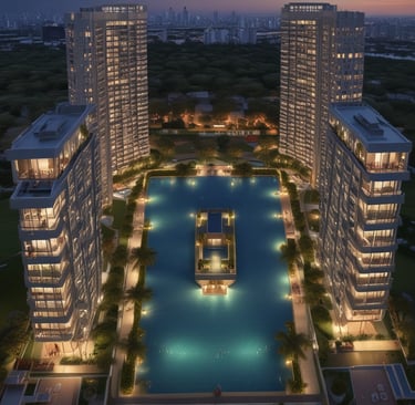 A serene view of Sobha Rivana's elegant residential towers bathed in warm evening light.