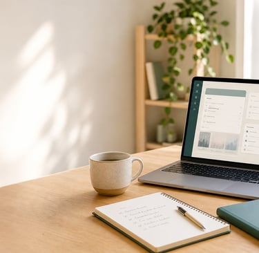 A modern home office setup with a laptop displaying a data dashboard on a wooden desk with coffee and notebooks.