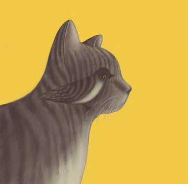 Surreal illustration of a grey tabby cat with a bird forming its eye on a yellow background.