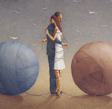 Surrealist oil painting of a couple bound together by yarn from two giant blue and brown wool spheres.