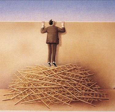 Surreal illustration of a man standing on a pile of wooden ladders looking over a tall wall.