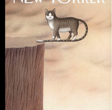 The New Yorker magazine cover illustration of a tabby cat standing on its own long tail over a cliff edge.
