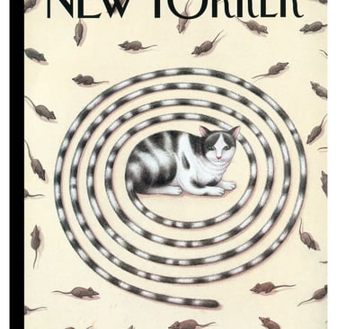 The New Yorker magazine cover featuring a tabby cat with an extra-long tail spiraled around it and small mice.