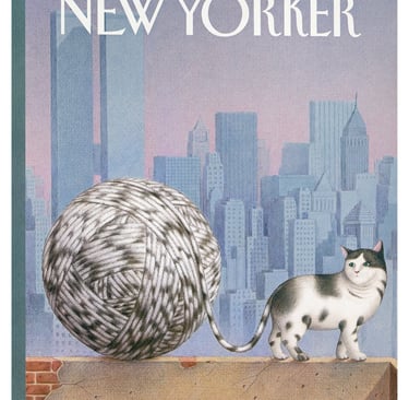 The New Yorker magazine cover from 1993 featuring a cat with a giant yarn ball tail in New York City.