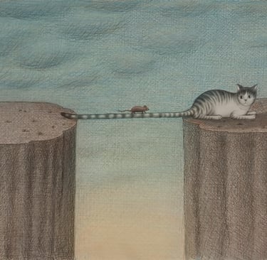 Surreal illustration of a mouse walking across a cat's long tail bridging two high cliffs.