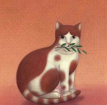 Folk art illustration of a ginger and white spotted cat holding a green leafy branch in its mouth.