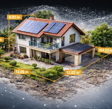 Digital 3D model of a modern house with solar panels and property dimension overlays.